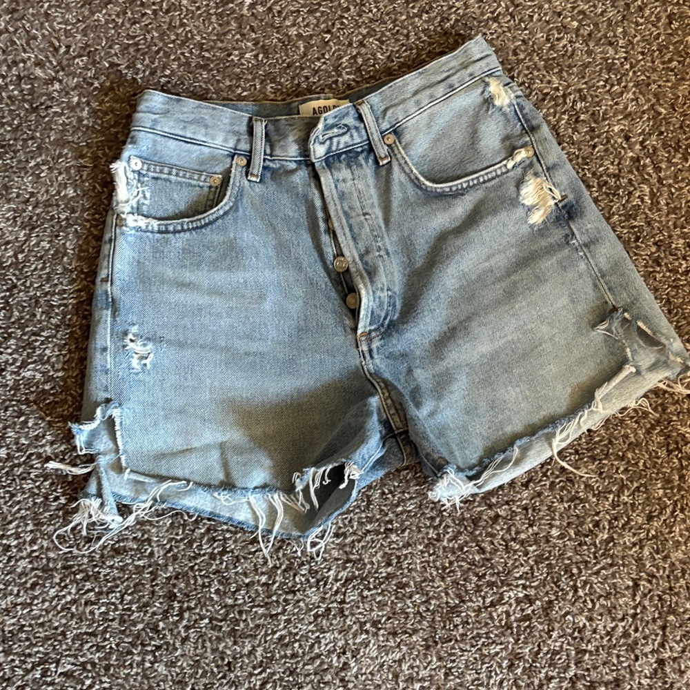 Agolde Light Wash Distressed High-Rise Denim Shorts